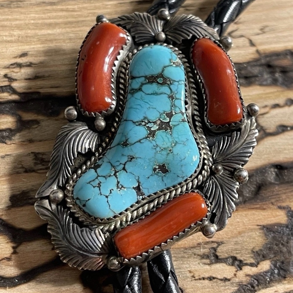 LATE Ray Bennett Navajo Turquoise and Coral Sterling Silver Bolo Tie HIGH GRADE